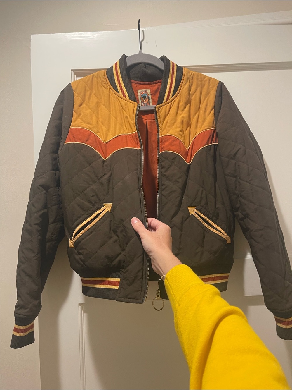 Classic Rock Couture Quilted Bomber Jacket in Olive & Mustard
